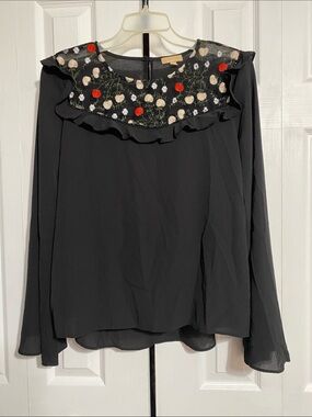 Takara black embroidered floral top blouse shirt size XL